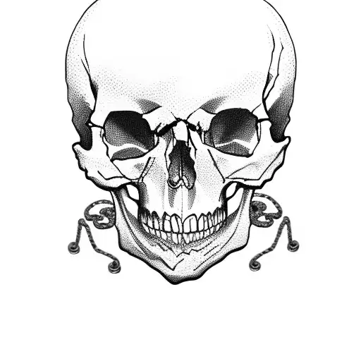 skull with chains around it, and the skull is biting on the chains with its teeth tattoo design idea