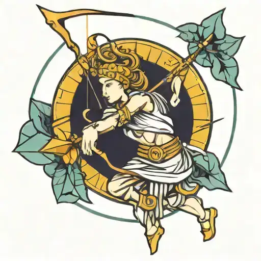 apollo with bow, arrow sun and moon tattoo design idea