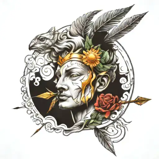 face of apollo with bow, arrow and sun tattoo design idea