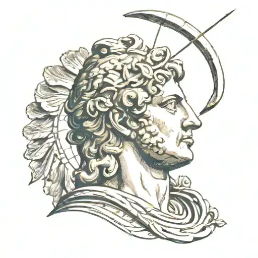 face of apollo with bow, arrow and sun tattoo design idea