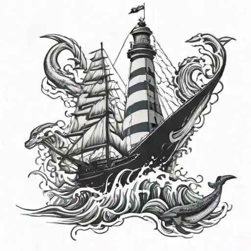 sailing yacht with waves whales dolphins lighthouse turtles sharks tattoo design idea