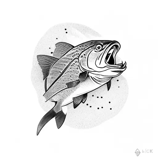 trout with mountain and river tattoo design idea
