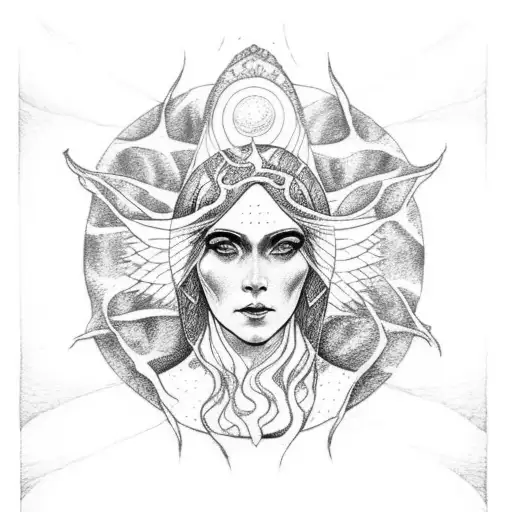 A tarot card featuring Mother Earth as the Empress, with dotwork shading tattoo design idea