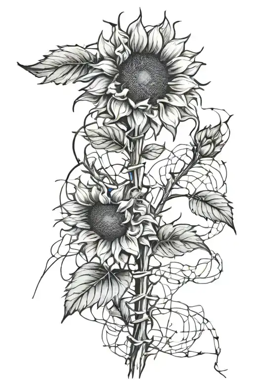 half dead half alive sunflower with barbed wire stem tattoo design idea
