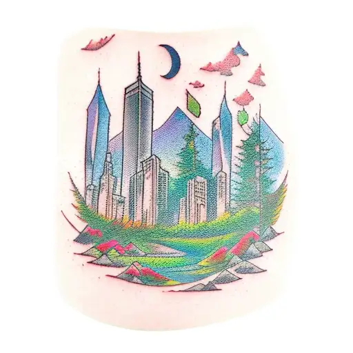 skyscrapers above a forest with a dirt pathway tattoo design idea