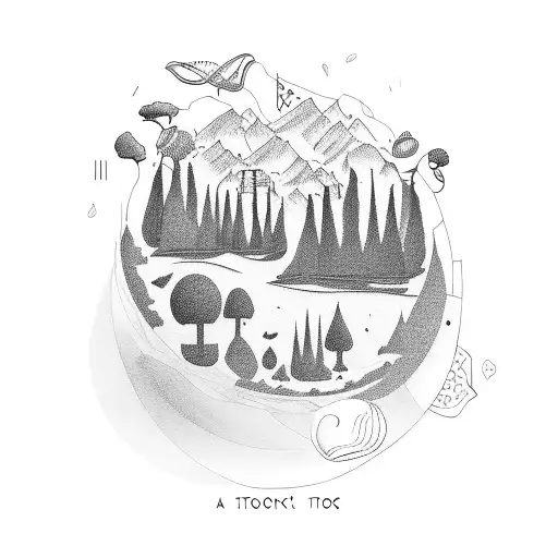 A tattoo of a BTS concert stage set in a beautiful natural landscape, with food and musical instruments scattered around, showcasing your love for BTS, nature, and cooking. tattoo design idea