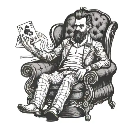 Cyberpunk-inspired design of a man in a Chesterfield armchair holding a playing card tattoo design idea