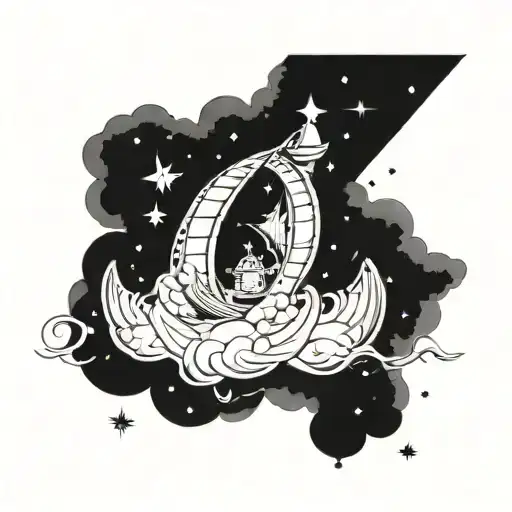 A dreamy representation of a sleep token vessel surrounded by swirling clouds and stars tattoo design idea