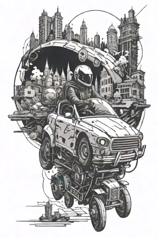 A ghostly figure driving a futuristic vehicle through an abandoned cityscape tattoo design idea
