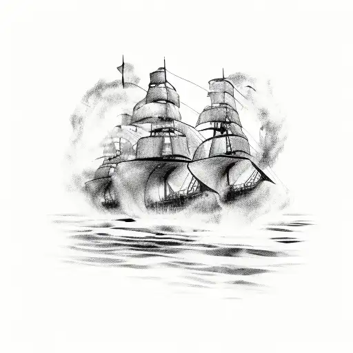 burning ship tattoo design idea