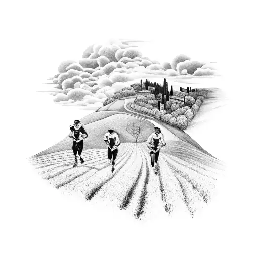 An Italian countryside landscape with marathon runners running through it tattoo design idea
