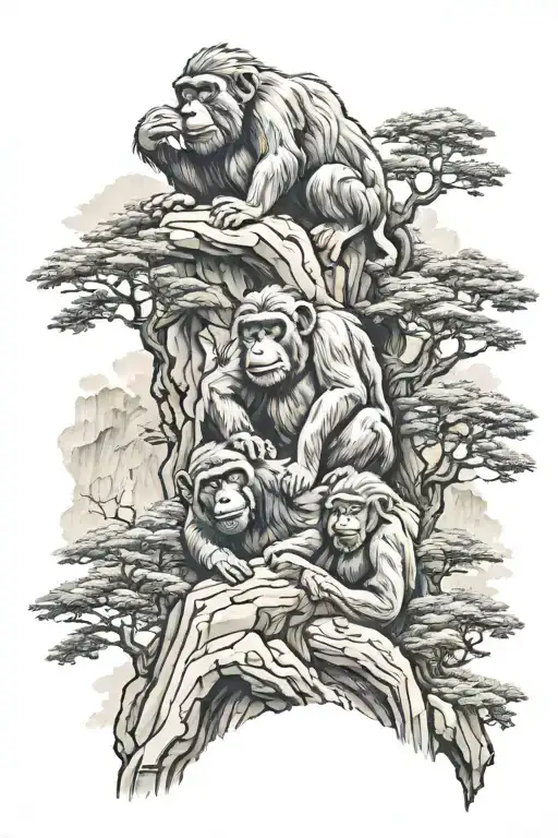 three monkeys on a mountain with trees on the Chinese wall  tattoo design idea