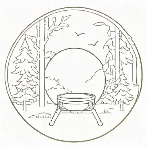 A minimalist design of a hang drum surrounded by trees in a forest setting tattoo design idea
