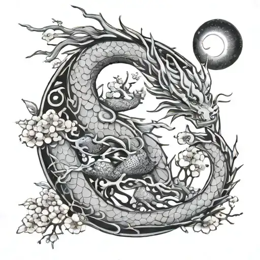 A celestial dragon wrapped around a sakura tree with a crescent moon in the background, combining elements of nature and mythology tattoo design idea
