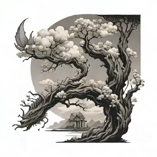 A sakura tree with dragon-shaped clouds floating above it, creating a dreamy and surreal atmosphere tattoo design idea