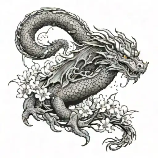 A celestial dragon wrapped around a sakura tree with a crescent moon in the background, combining elements of nature and mythology tattoo design idea