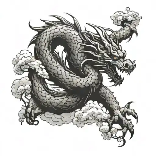 A fierce dragon coiled around a sakura tree with a cloudy sky background tattoo design idea