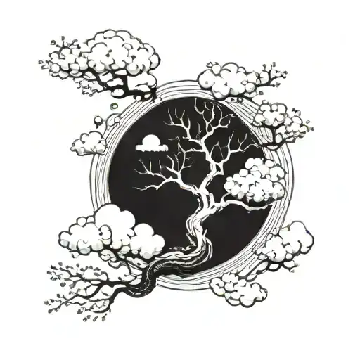 A sakura tree with dragon-shaped clouds floating above it, creating a dreamy and surreal atmosphere tattoo design idea