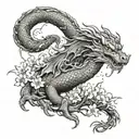 A celestial dragon wrapped around a sakura tree with a crescent moon in the background, combining elements of nature and mythology tattoo design idea