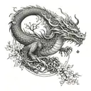 A celestial dragon wrapped around a sakura tree with a crescent moon in the background, combining elements of nature and mythology tattoo design idea