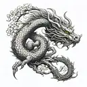 A celestial dragon wrapped around a sakura tree with a crescent moon in the background, combining elements of nature and mythology tattoo design idea