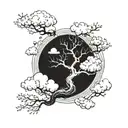 A sakura tree with dragon-shaped clouds floating above it, creating a dreamy and surreal atmosphere tattoo design idea