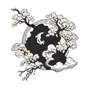 A sakura tree with dragon-shaped clouds floating above it, creating a dreamy and surreal atmosphere tattoo design idea
