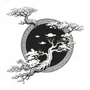 A sakura tree with dragon-shaped clouds floating above it, creating a dreamy and surreal atmosphere tattoo design idea