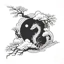 A sakura tree with dragon-shaped clouds floating above it, creating a dreamy and surreal atmosphere tattoo design idea