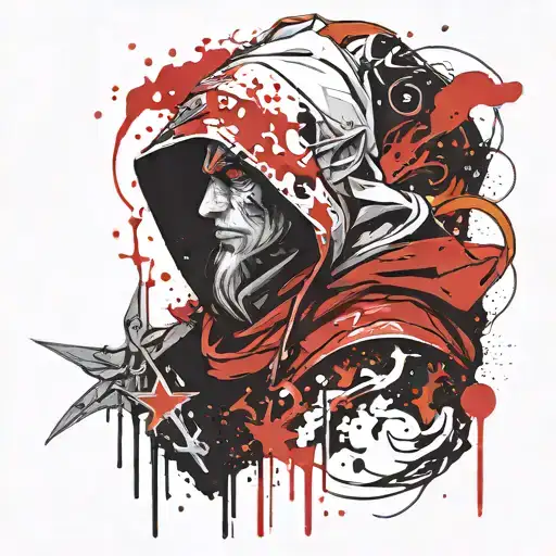 hooded male elf warlock with ukrainian trident emblems  tattoo design idea