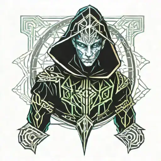 hooded male elf warlock tattoo design idea