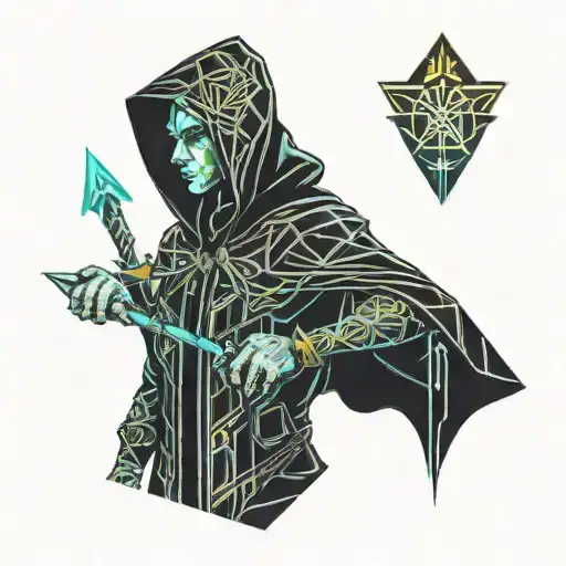 hooded male elf warlock with ukrainian trident emblems  tattoo design idea