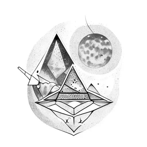 upside-down triangle with icy moon and small astronomical shapes tattoo design idea