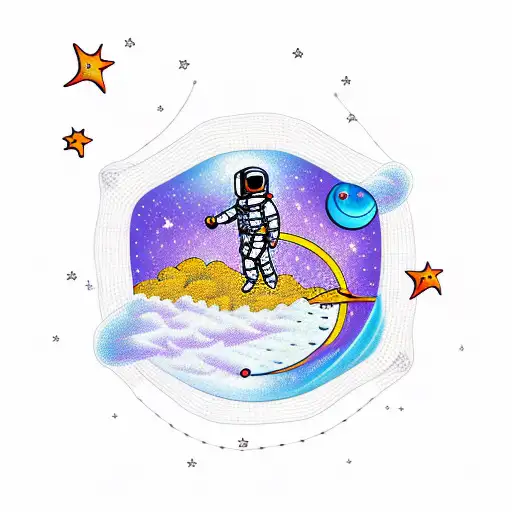 Astronaut catching shooting stars with a fishing net tattoo design idea