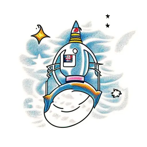 Astronaut catching shooting stars with a fishing net tattoo design idea