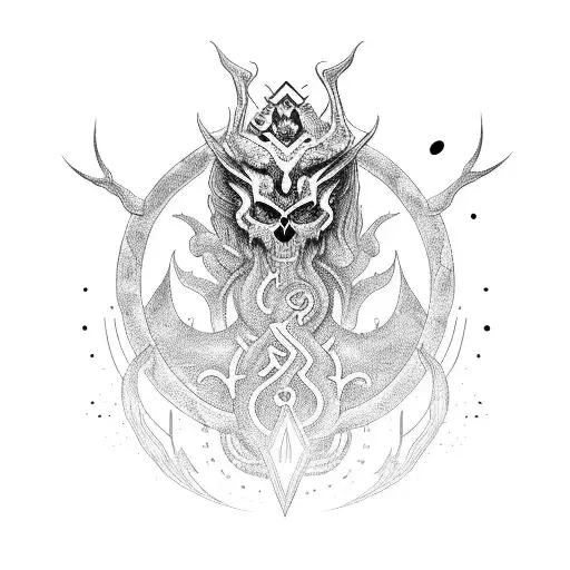 A cosmic black metal band logo with a mythical creature as the centerpiece tattoo design idea