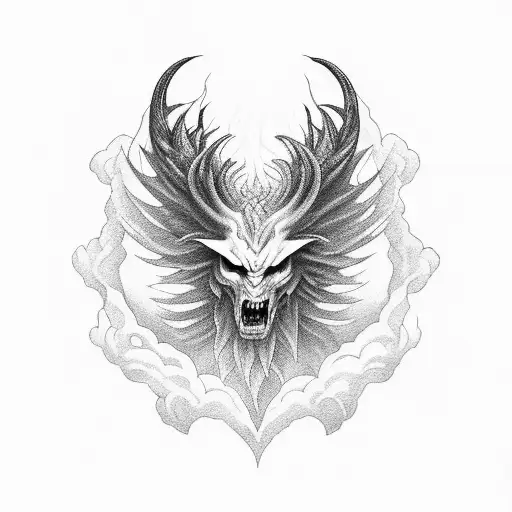 A hauntingly beautiful painting of a mythical creature emerging from a misty mountain during a hike tattoo design idea