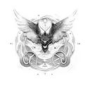 A cosmic black metal band logo with a mythical creature as the centerpiece tattoo design idea