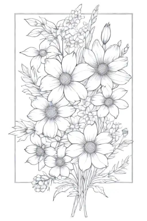 daisy, narcissus, poppy, marigold, larkspur, violet flower bouquet tattoo design idea