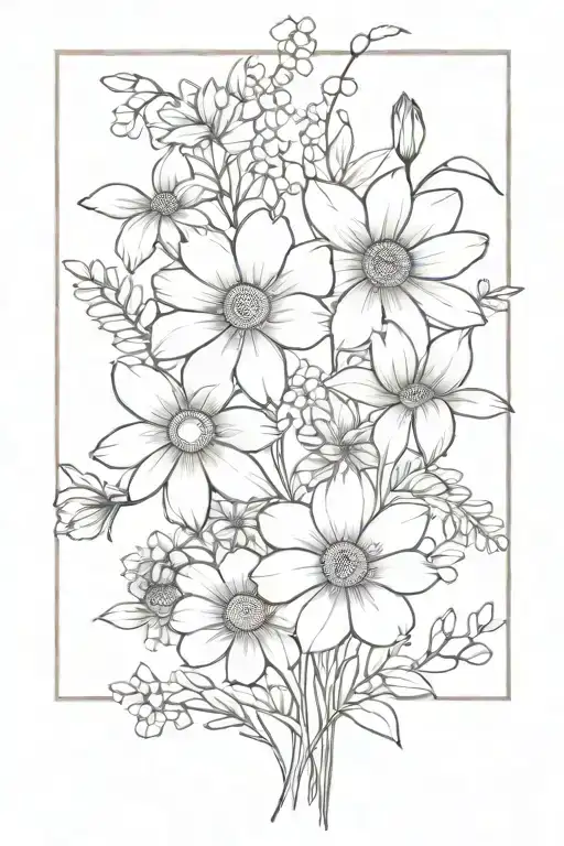 daisy, narcissus, poppy, marigold, larkspur, violet flower bouquet tattoo design idea