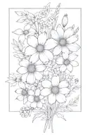 daisy, narcissus, poppy, marigold, larkspur, violet flower bouquet tattoo design idea
