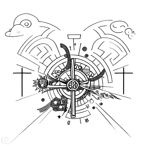 Design a minimalist solar cross surrounded by charms that represent your favorite things. tattoo design idea