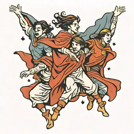four people in capes leaping  tattoo design idea