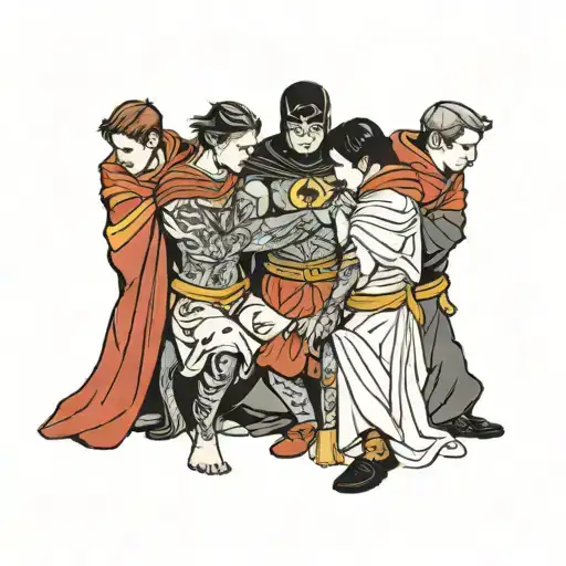 four people in capes kneeling  tattoo design idea