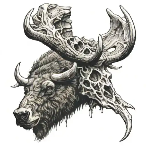 grizzly bear stalking an elk skull with antlers tattoo design idea