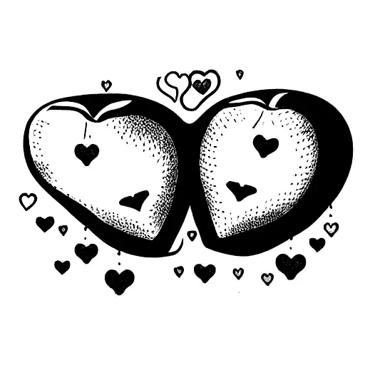 A tattoo symbolizing love, passion, and romance with two strawberries and an 8-ball inside, along with the branches of t tattoo design idea