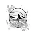 an orca filled with patterns aorrounded by waves tattoo design idea