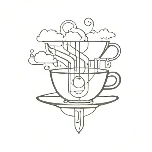 Abstract geometric design of a coffee cup with steam rising, incorporating engineering symbols in the background tattoo design idea