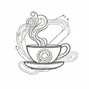 Abstract geometric design of a coffee cup with steam rising, incorporating engineering symbols in the background tattoo design idea