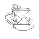 Abstract geometric design of a coffee cup with steam rising, incorporating engineering symbols in the background tattoo design idea